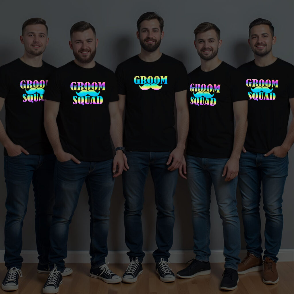 Funny Groom & Groom Squad Wedding Rainbow Reflective T-shirt | Groom Squad | Rainbow Reflective | Beige