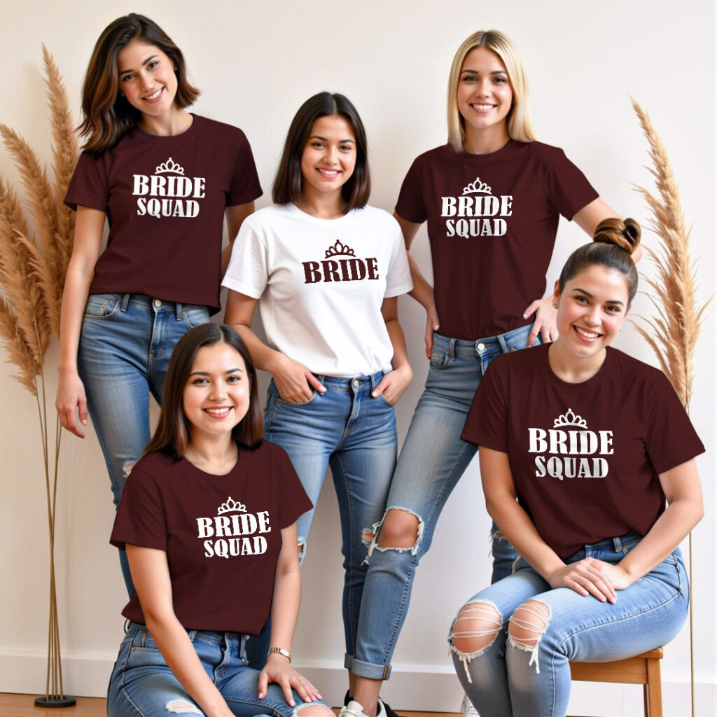 Funny Bride & Bride Squad Wedding T-shirt | Bride Squad | Regular Print | Beige