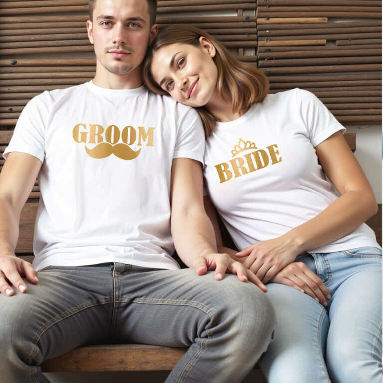 Funny Bride Groom Gold Printed Wedding T-shirt