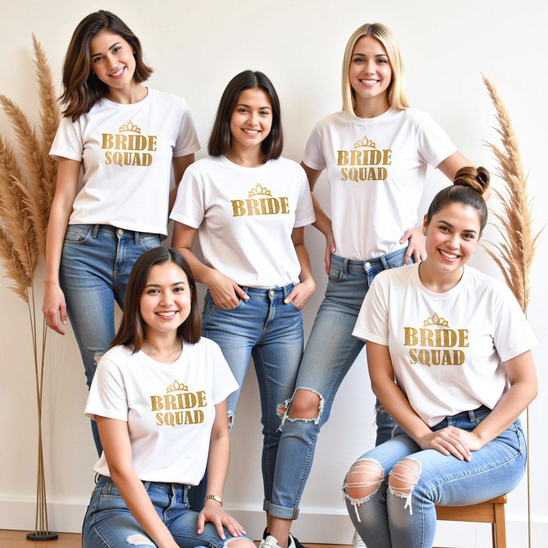 Funny Bride & Bride Squad Gold Printed Wedding T-shirt | Bride Squad | Metalic Print | Black