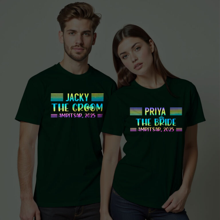 Custom Bride Groom with City and No. Wedding Rainbow Reflective T-shirt