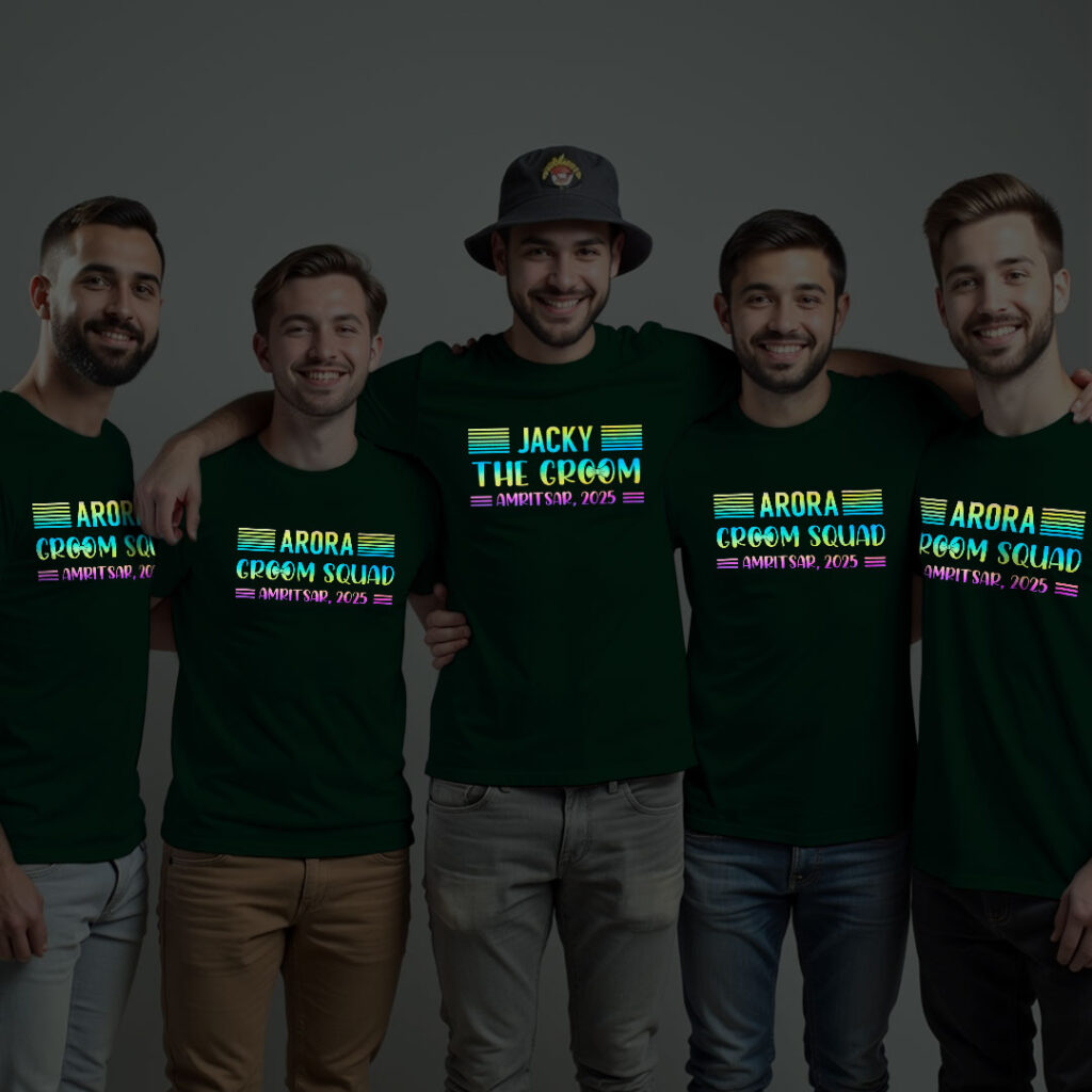 Custom Groom with City and No. & Groom Squad Wedding Rainbow Reflective T-shirt | Groom Squad | Rainbow Reflective | Beige