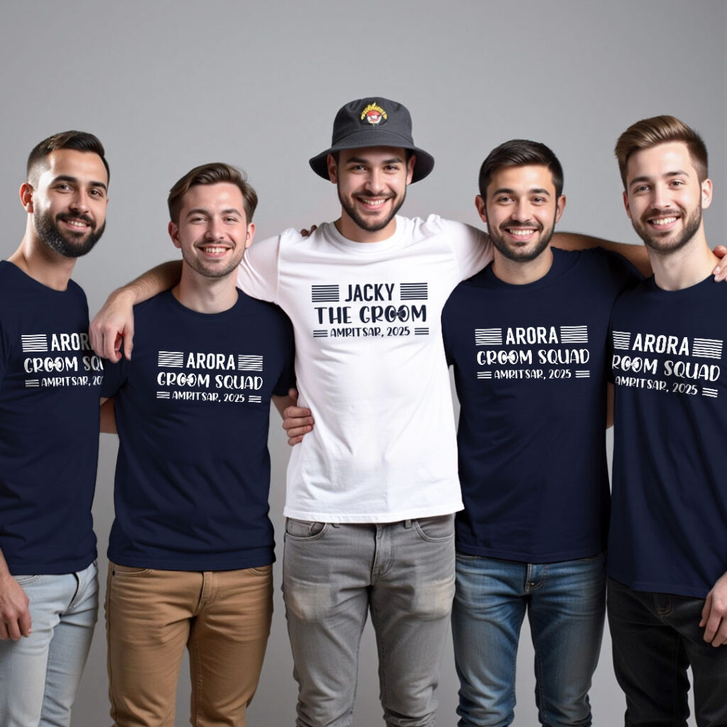 Custom Groom with City and No. & Groom Squad Wedding T-shirt | Groom Squad | Regular Print | Beige
