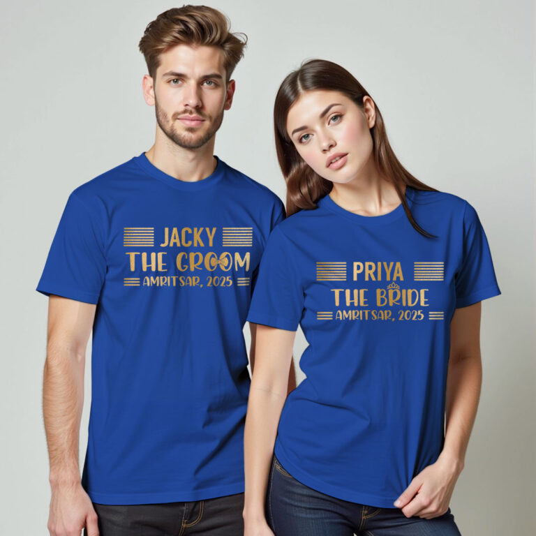 Custom Bride Groom with City and No. Gold Printed Wedding T-shirt