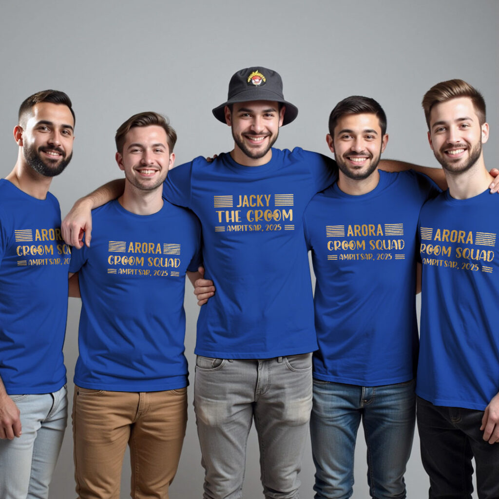 Custom Groom with City and No. & Groom Squad Gold Printed Wedding T-shirt | Groom Squad | Metalic Print | Black