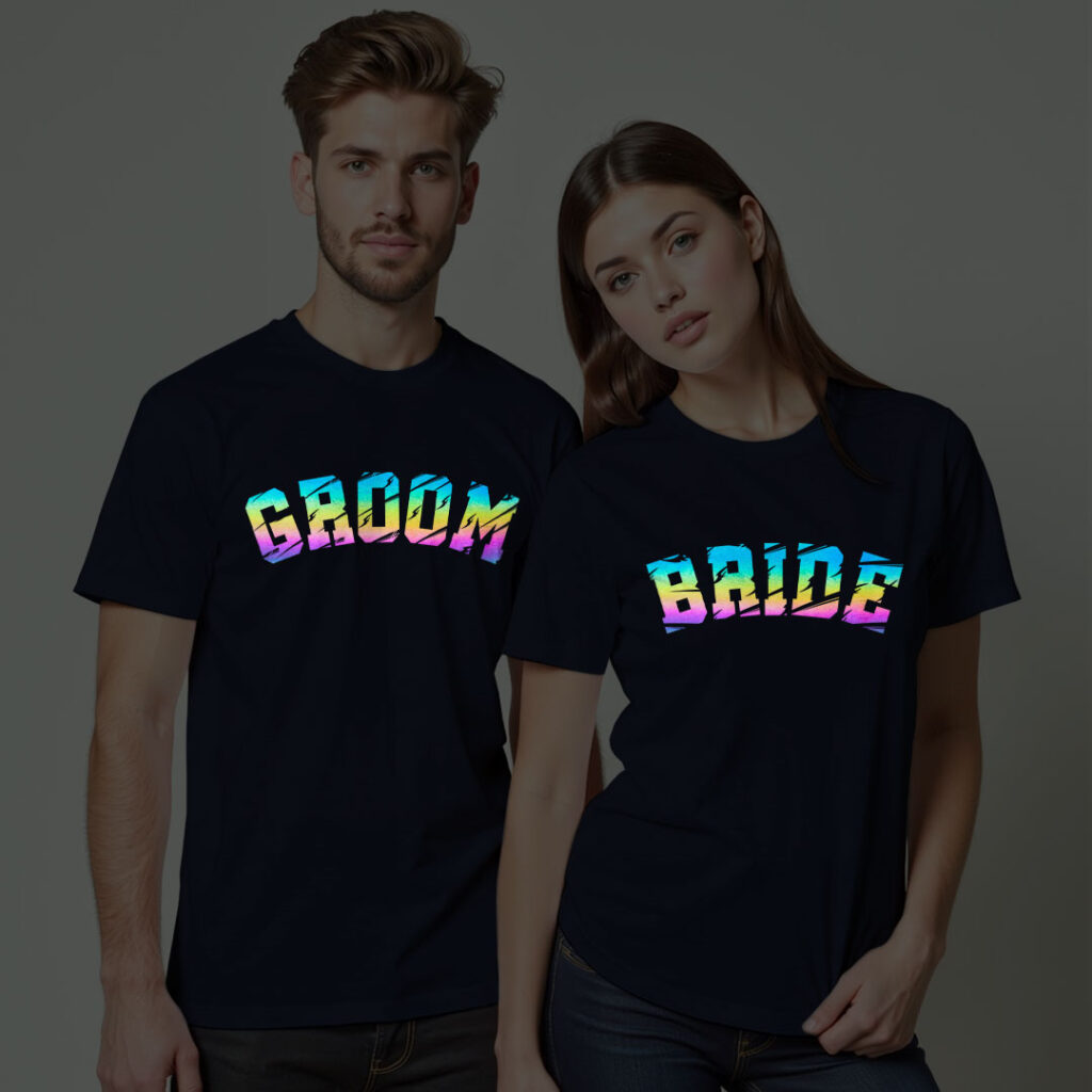 Unique Bride Groom Wedding Rainbow Reflective T-shirt | Bride_Groom | Rainbow Reflective | Beige