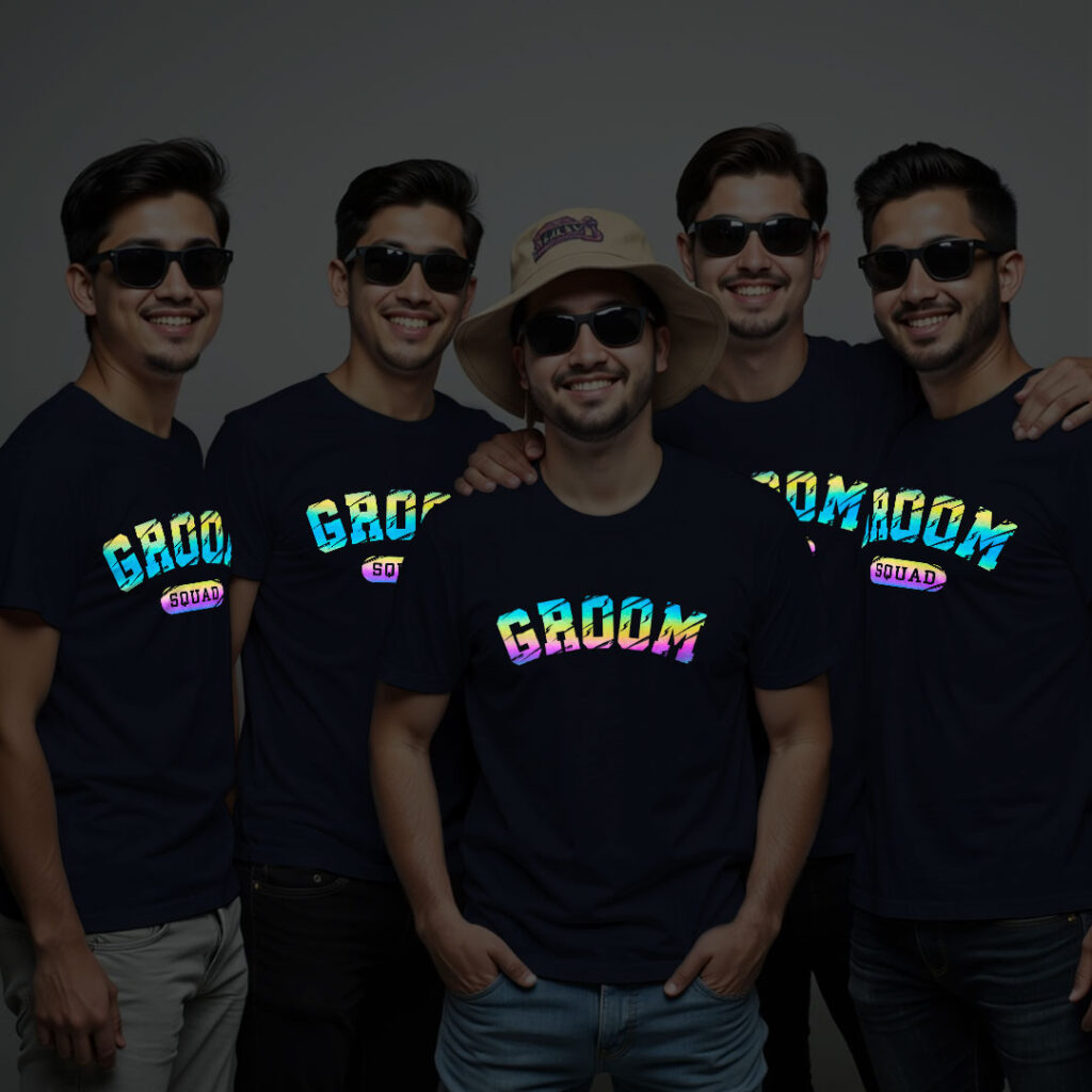 Unique Groom & Groom Squad Wedding Rainbow Reflective T-shirt | Groom Squad | Rainbow Reflective | Beige