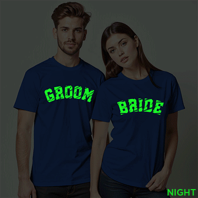 Unique Bride Groom Wedding Glow In The Dark T-shirt | Bride_Groom | Night Glow | Beige