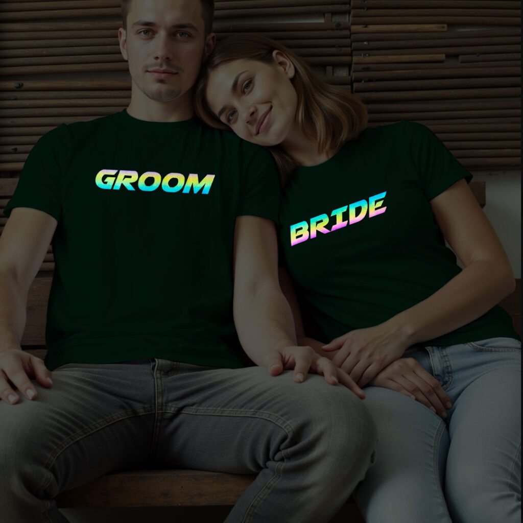 Groom Bride theme Wedding Rainbow Reflective T-shirt | Bride_Groom | Rainbow Reflective | Beige