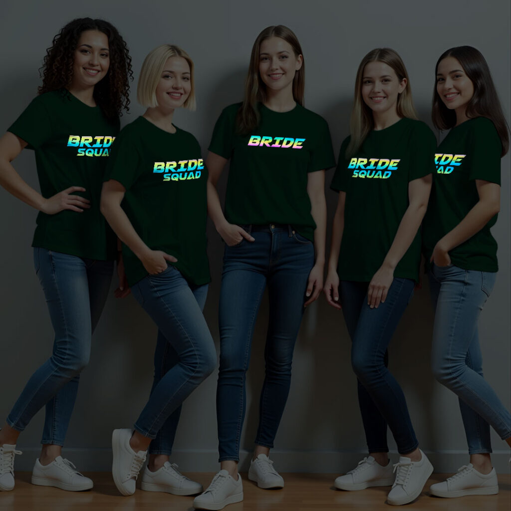 Bride theme & Bride Squad Wedding Rainbow Reflective T-shirt | Bride Squad | Rainbow Reflective | Beige