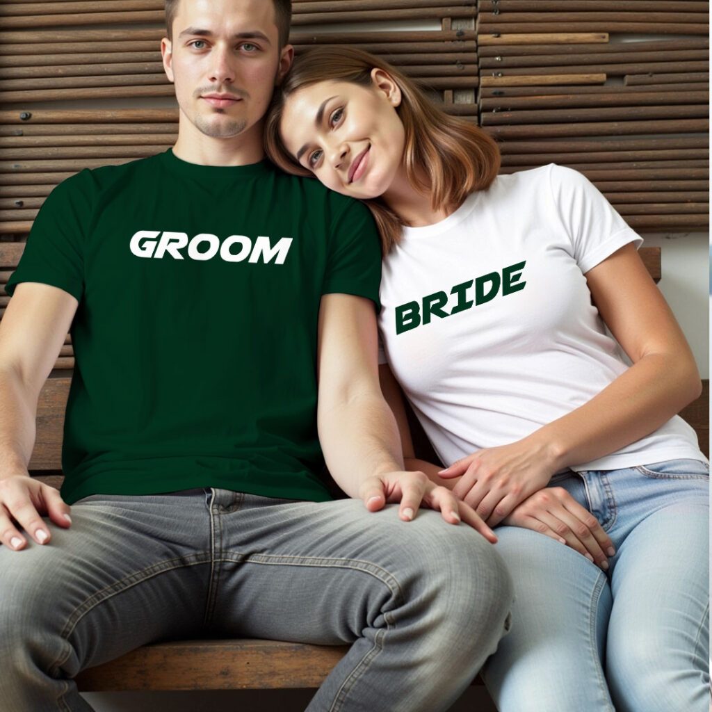 Groom Bride theme Wedding T-shirt | Bride_Groom | Regular Print | Beige