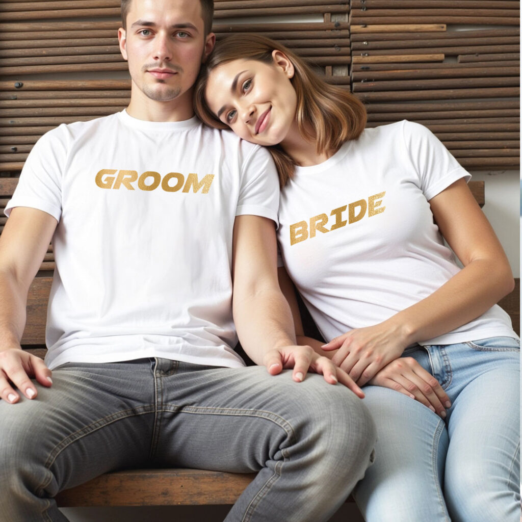 Groom Bride theme Gold Printed Wedding T-shirt | Bride_Groom | Metalic Print | Black