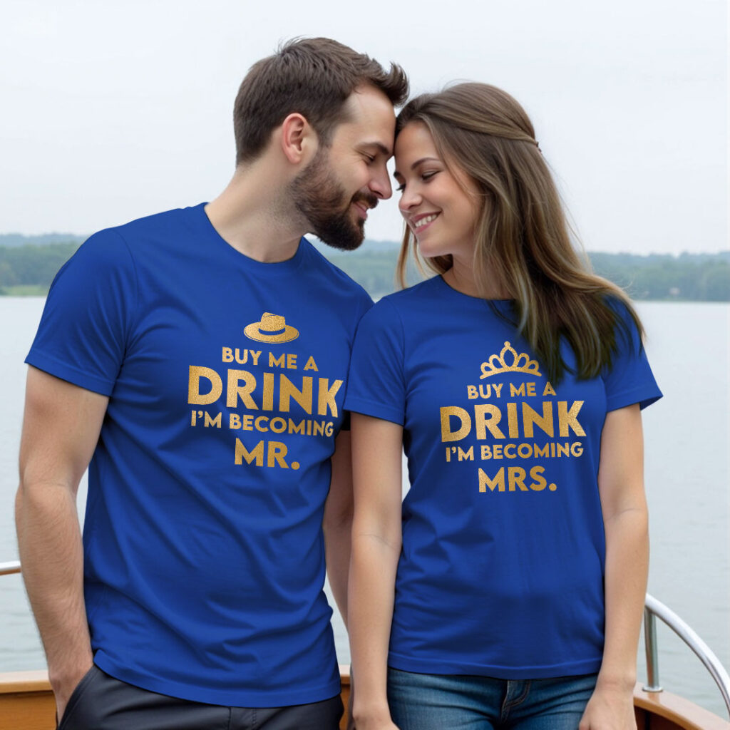 Buy me a Drink Groom Bride Gold Printed Wedding T-shirt | Bride_Groom | Metalic Print | Black