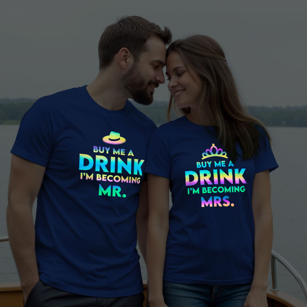Buy me a Drink Groom Bride Wedding Rainbow Reflective T-shirt | Bride_Groom | Rainbow Reflective | Beige