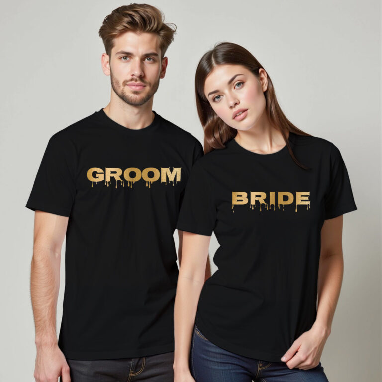 Special Groom Bride Gold Printed Wedding T-shirt