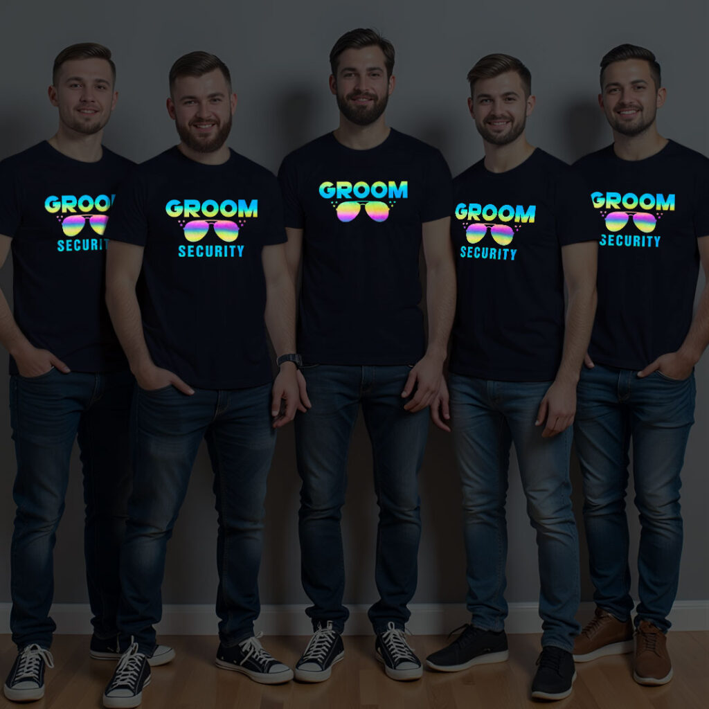 Groom Swag style & Groom Security Wedding Rainbow Reflective T-shirt | Groom Squad | Rainbow Reflective | Beige