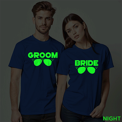 Groom Bride Swag style Wedding Glow In The Dark T-shirt | Bride_Groom | Night Glow | Beige
