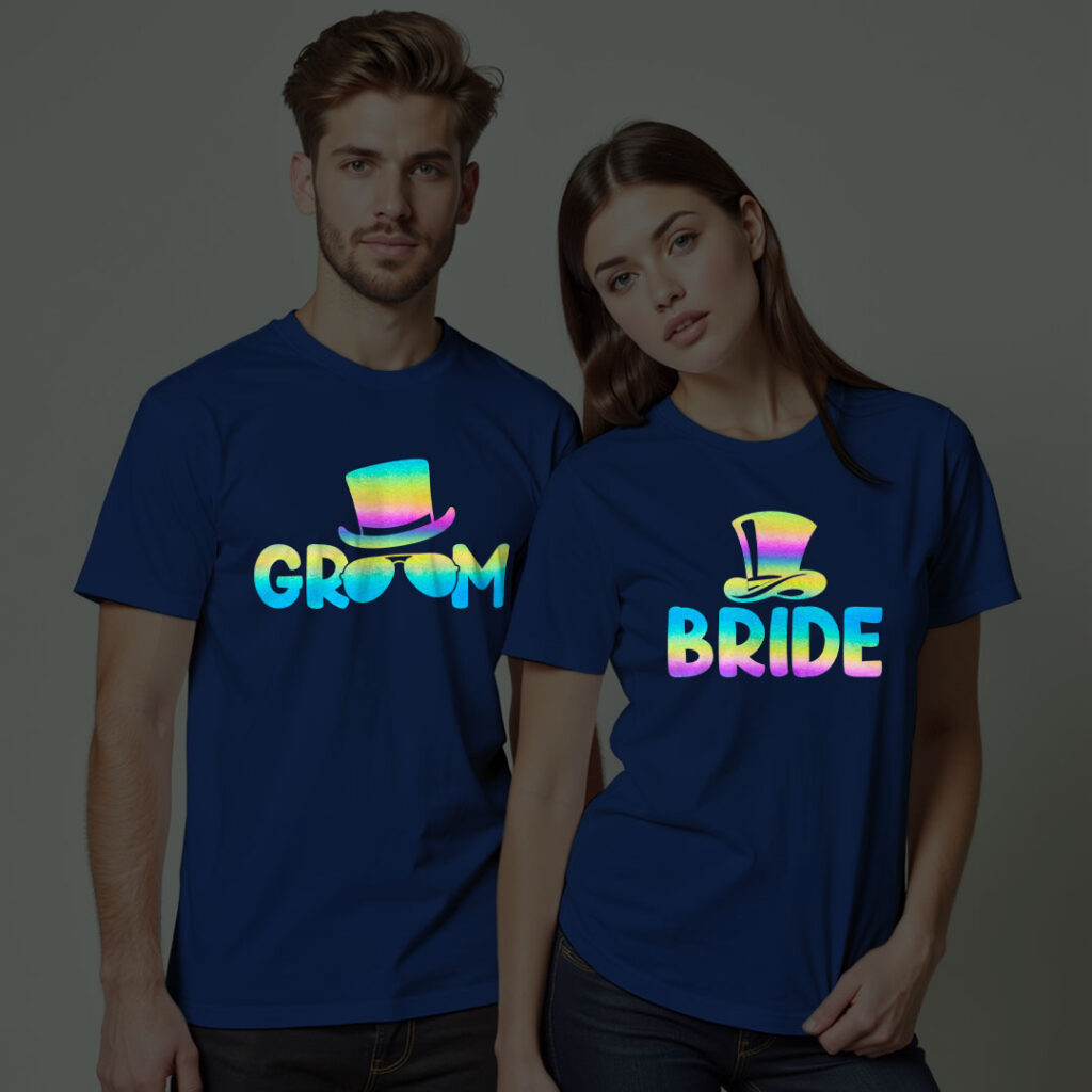 Special Groom Bride Wedding Rainbow Reflective T-shirt | Bride_Groom | Rainbow Reflective | Beige