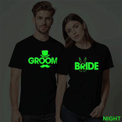 Funny Groom Bride Wedding Glow In The Dark T-shirt | Bride_Groom | Night Glow | Beige