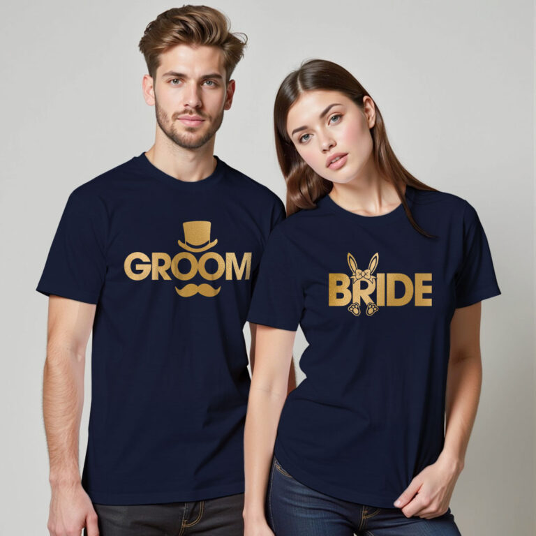 Funny Groom Bride Gold Printed Wedding T-shirt