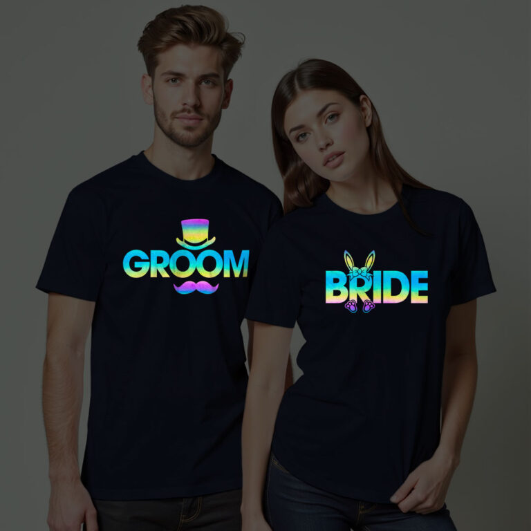 Funny Groom Bride Wedding Rainbow Reflective T-shirt