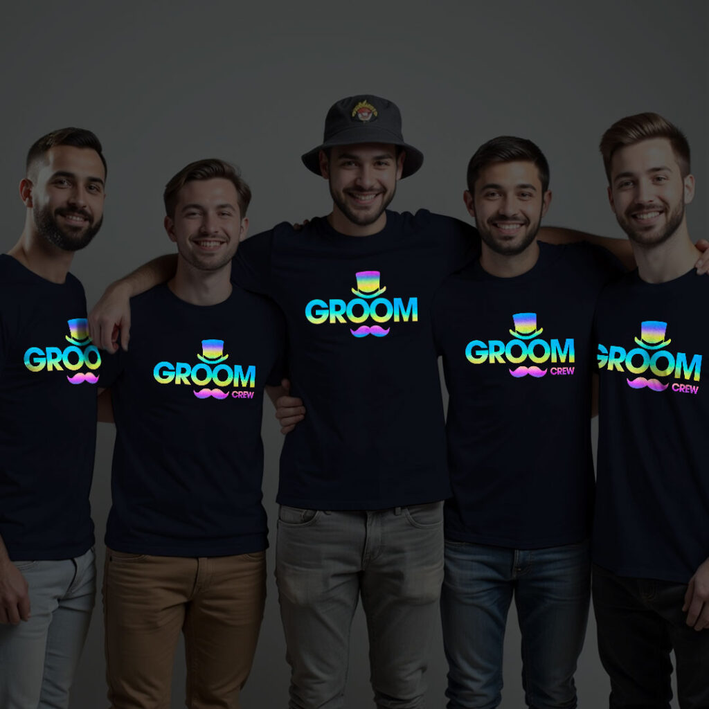 Funny Groom & Groom Crew Wedding Rainbow Reflective T-shirt | Groom Squad | Rainbow Reflective | Beige