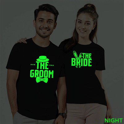 The Bride The Groom Wedding Glow In The Dark T-shirt | Bride_Groom | Night Glow | Beige