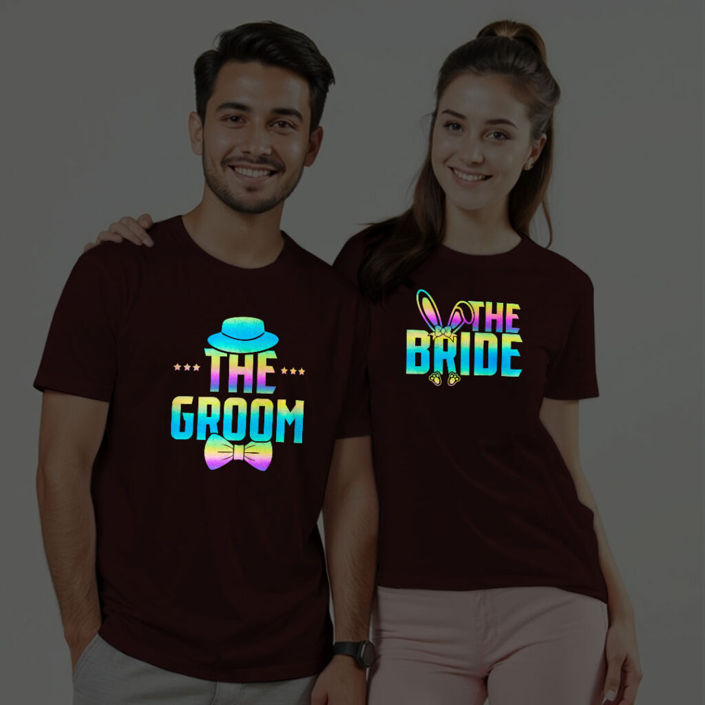 The Bride The Groom Wedding Rainbow Reflective T-shirt | Bride_Groom | Rainbow Reflective | Beige