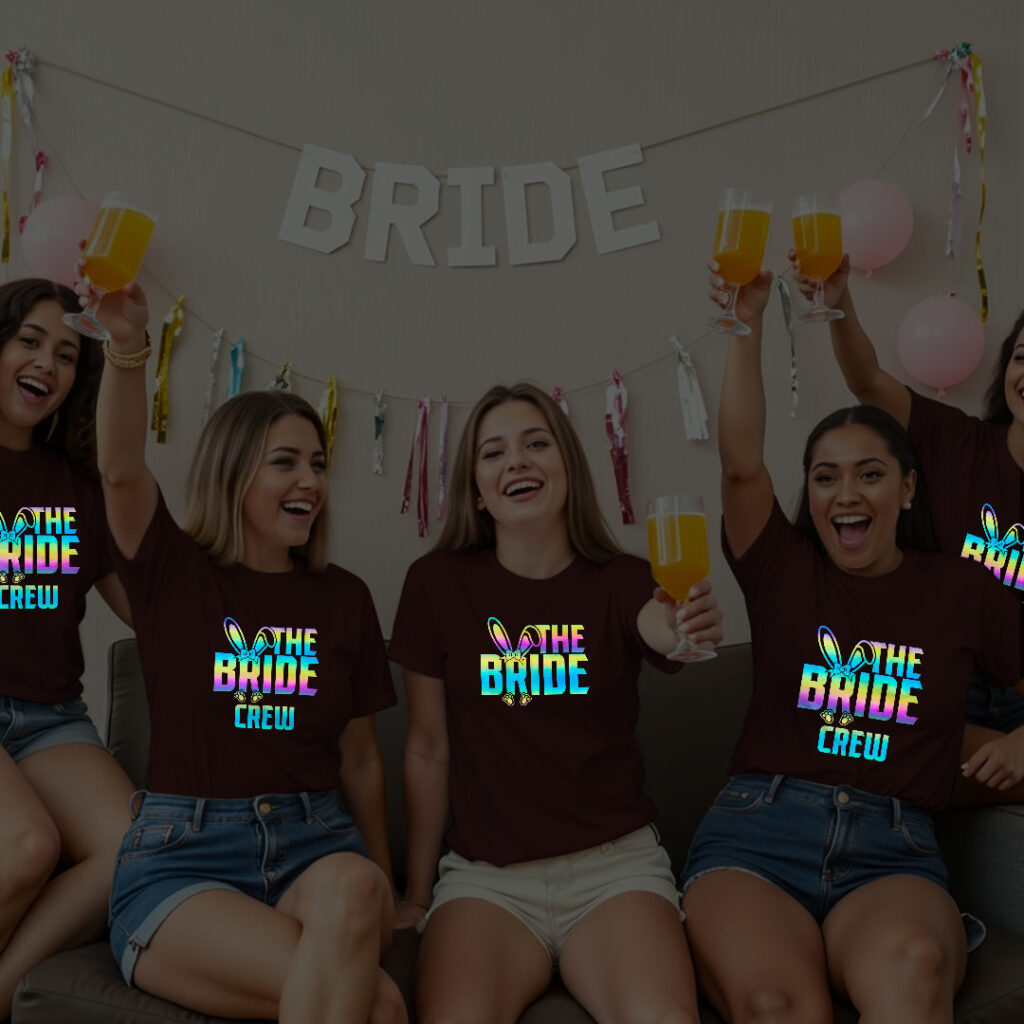 The Bride & Bride Crew Wedding Rainbow Reflective T-shirt | Bride Squad | Rainbow Reflective | Beige