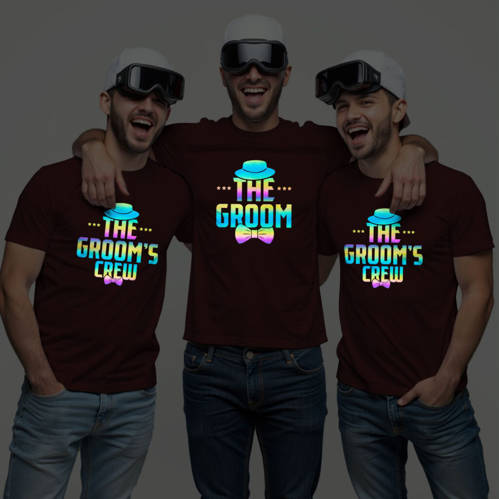 The Groom & Groom Crew Wedding Rainbow Reflective T-shirt | Groom Squad | Rainbow Reflective | Beige