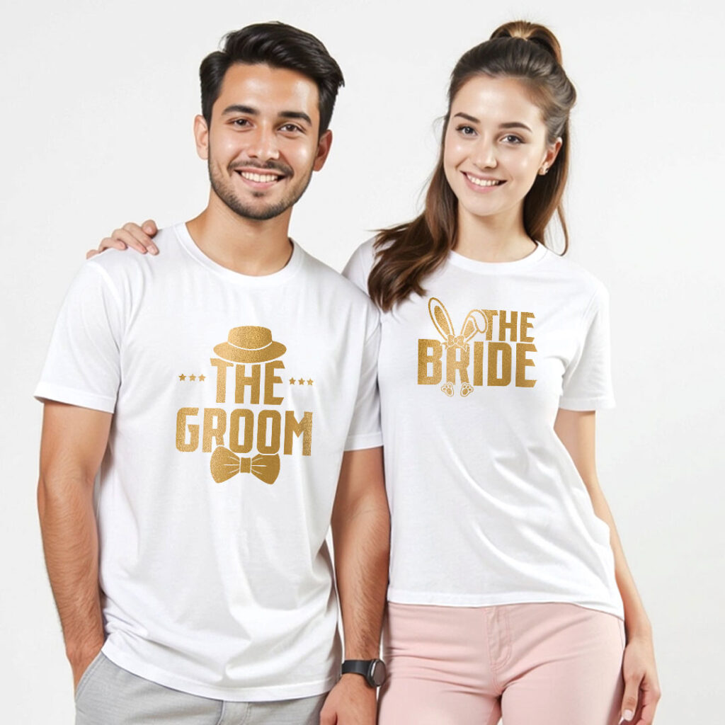 The Bride The Groom Gold Printed Wedding T-shirt | Bride_Groom | Metalic Print | Black