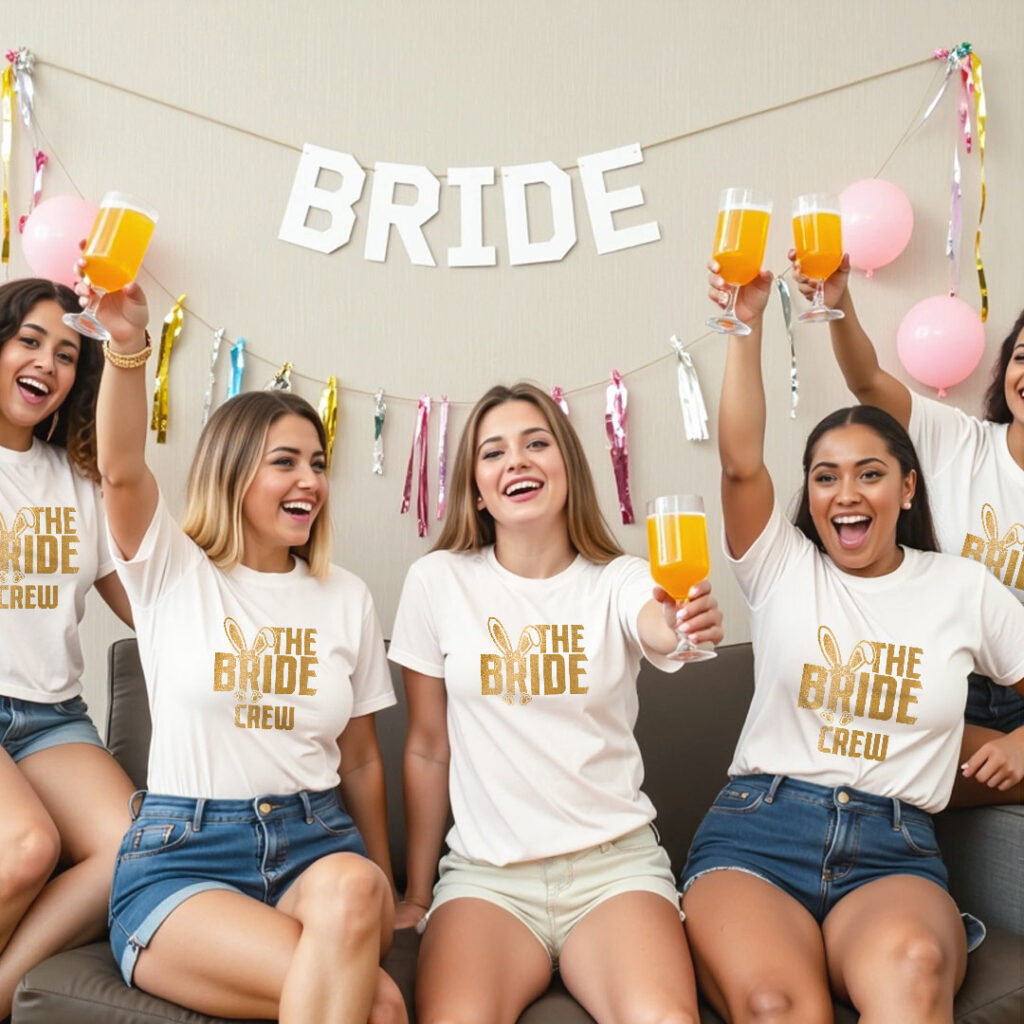 The Bride & Bride Crew Gold Printed Wedding T-shirt | Bride Squad | Metalic Print | Black