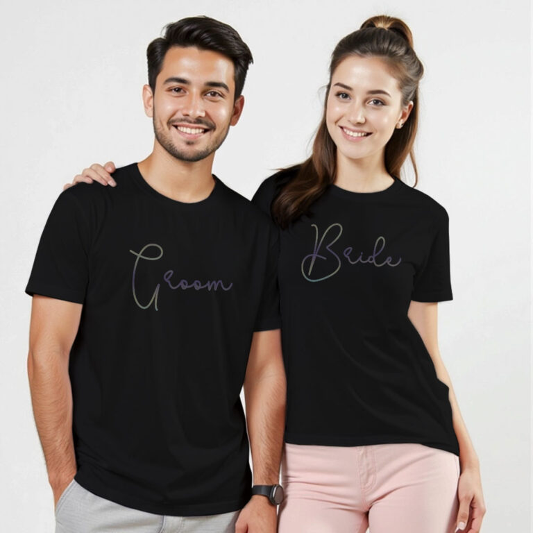 Simple Groom Bride Wedding Rainbow Reflective T-shirt image 2
