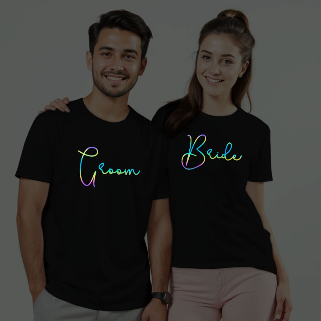Simple Groom Bride Wedding Rainbow Reflective T-shirt | Bride_Groom | Rainbow Reflective | Beige