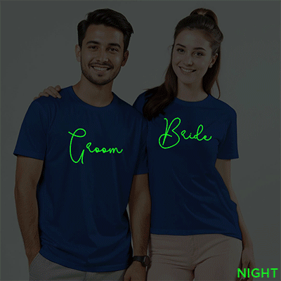 Simple Groom Bride Wedding Glow In The Dark T-shirt | Bride_Groom | Night Glow | Beige