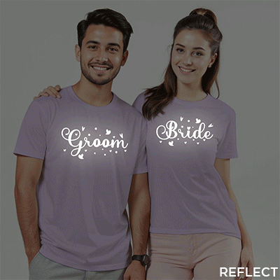 Groom Bride with Hearts Reflective Wedding T-shirt | Bride_Groom | Reflective | Beige