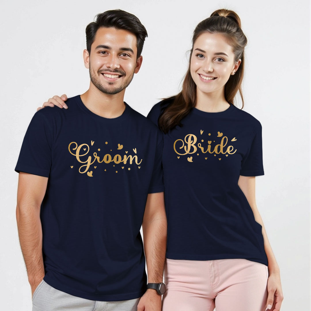 Groom Bride with Hearts Gold Printed Wedding T-shirt
