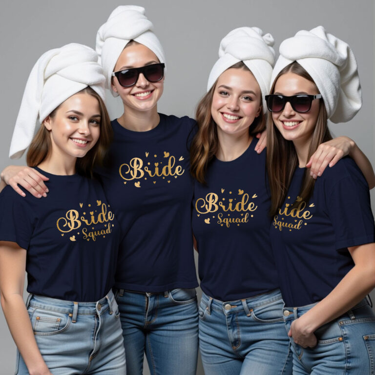 Bride with Hearts & Bride Squad Gold Printed Wedding T-shirt