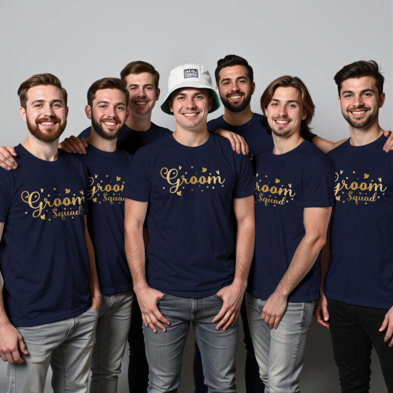 Groom with Hearts & Groom Squad Gold Printed Wedding T-shirt