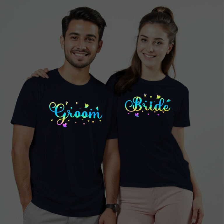 Groom Bride with Hearts Wedding Rainbow Reflective T-shirt
