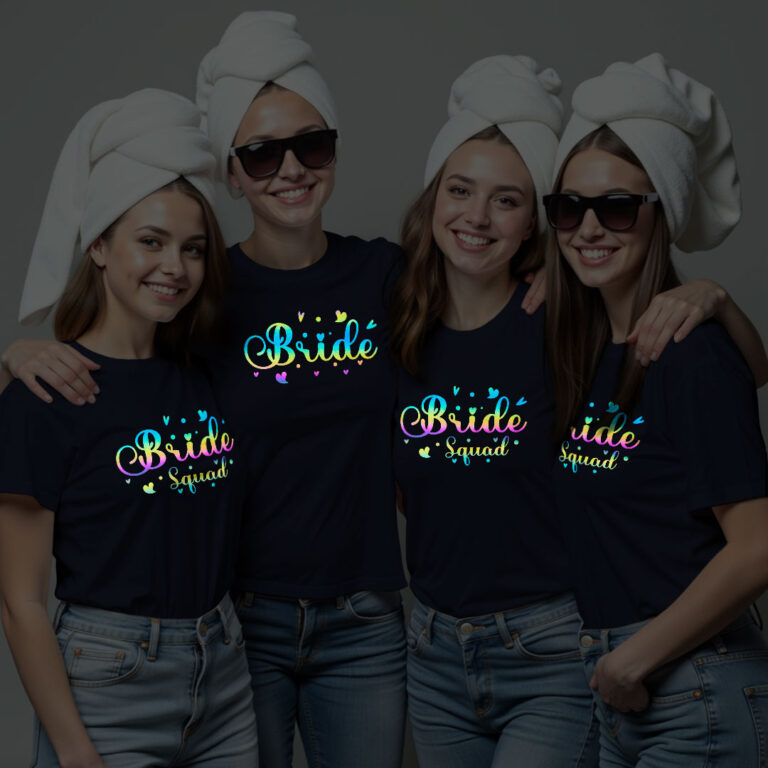 Bride with Hearts & Bride Squad Wedding Rainbow Reflective T-shirt