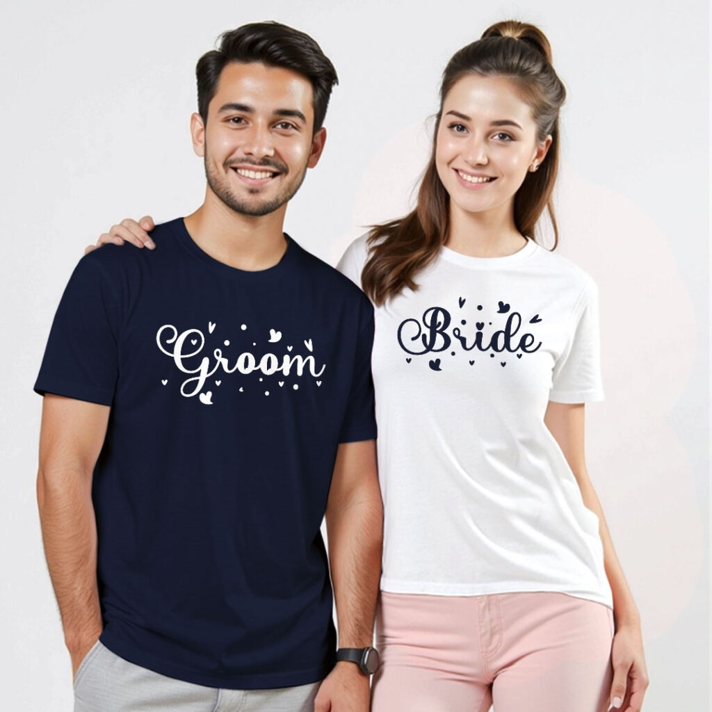 Groom Bride with Hearts Wedding T-shirt | Bride_Groom | Regular Print | Beige