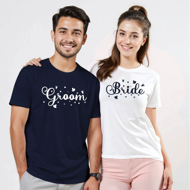 Groom Bride with Hearts Wedding T-shirt