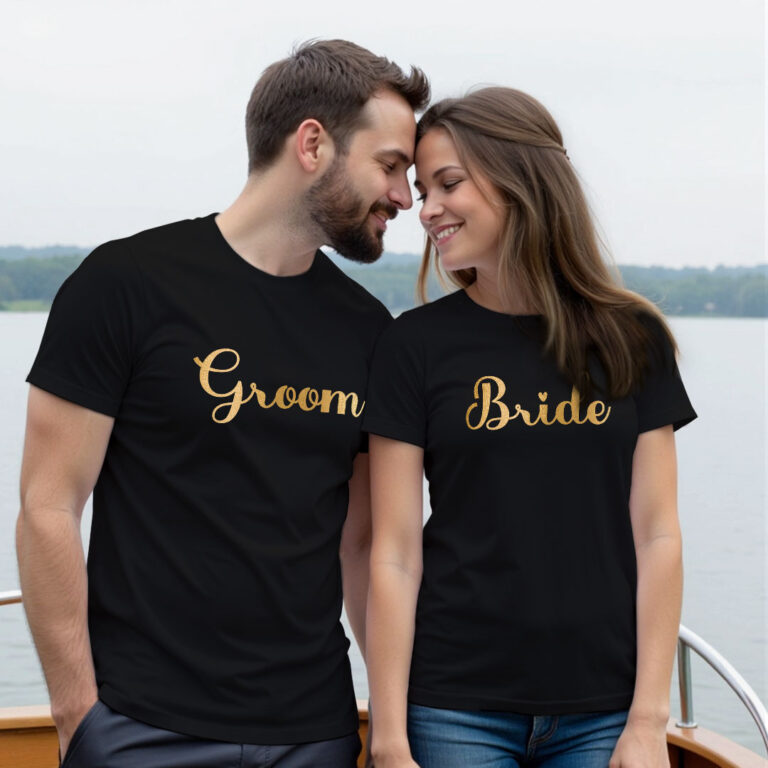 Bride Groom Gold Printed Wedding T-shirt