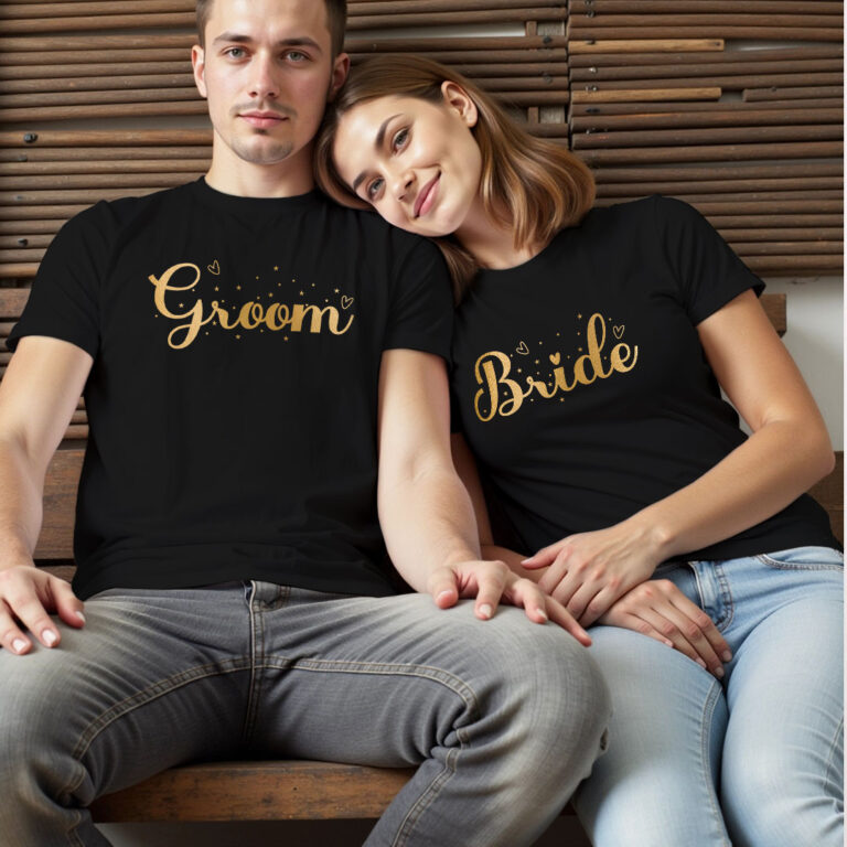 Special for Groom Bride Gold Printed Wedding T-shirt