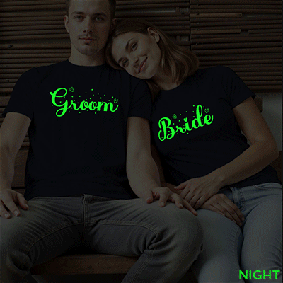 Special for Groom Bride Wedding Glow In The Dark T-shirt | Bride_Groom | Night Glow | Beige