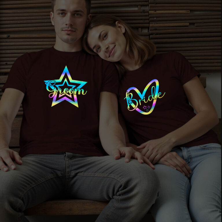Star Groom Lovely Bride Wedding Rainbow Reflective T-shirt