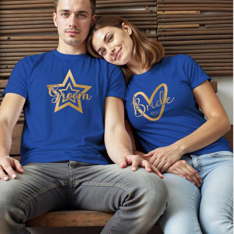 Star Groom Lovely Bride Gold Printed Wedding T-shirt
