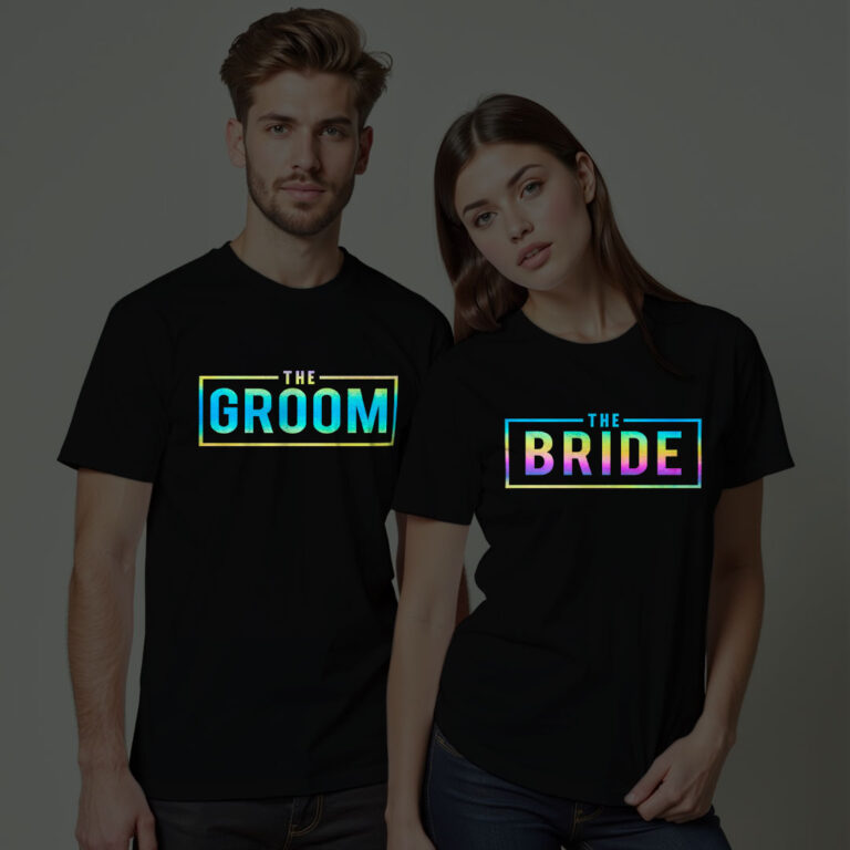 Groom Bride Wedding Rainbow Reflective T-shirt