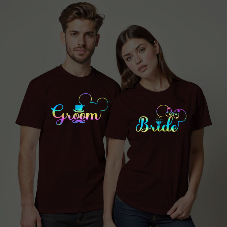 Micky Themed Groom Bride Wedding Rainbow Reflective T-shirt